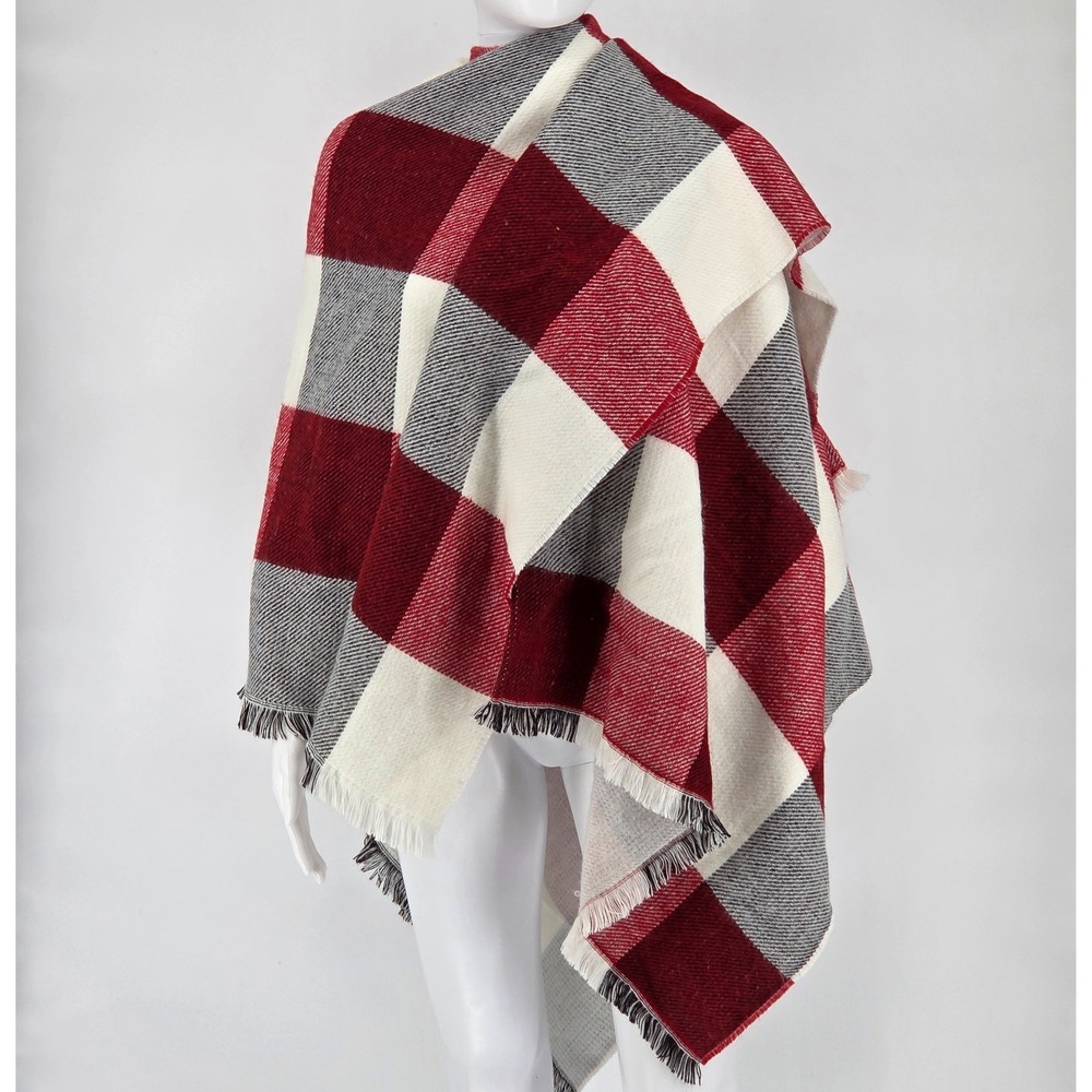 Banana Republic Blanket Shawl Wrap with Fringe - Red, Black, & White Plaid